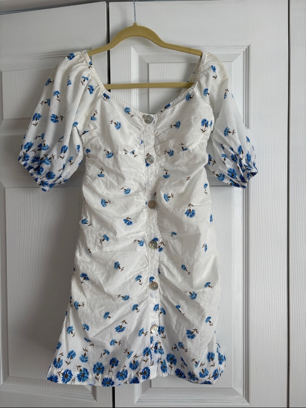 White Mini Dress with Blue Floral Print and Button Front